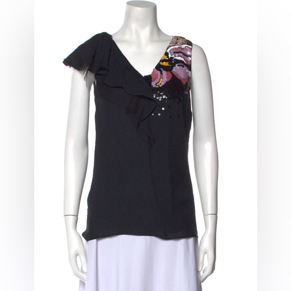 NWT Emilio Pucci Black Silk Top with Multicolored Sequins on one shoulder size M - Picture 10 of 12